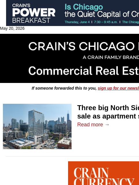 crainalerts newsletter: Big North Side apartment complexes hit the market