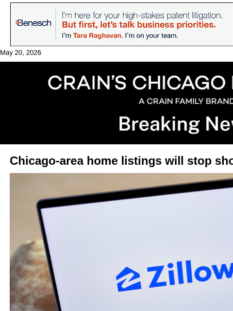 crainalerts newsletter: Chicago-area homes will stop showing up on Zillow