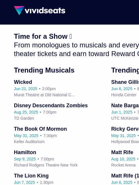 vividseats newsletter: You're Due for A Show! Find Tickets