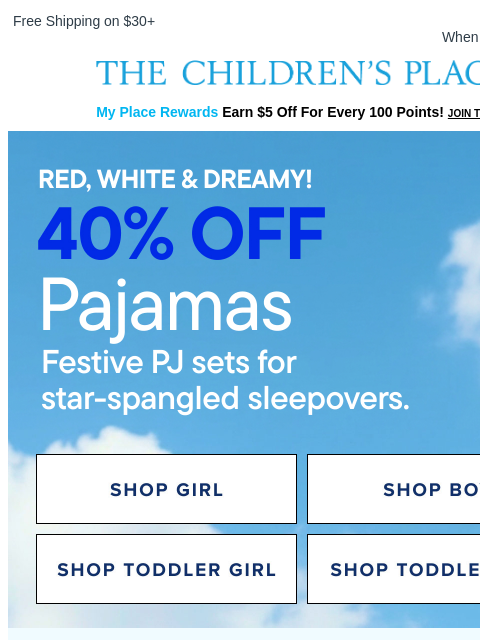 childrensplace newsletter: Red, White & Dreamy PJ Sets: 40% OFF