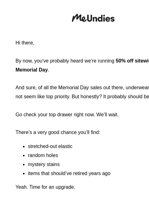 meundies newsletter: Memorial Day Sale | 50% OFF