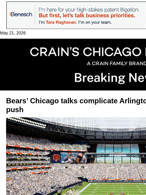 crainalerts newsletter: Bears' Chicago talks complicate Arlington Heights ...