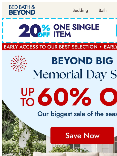 bedbathandbeyond newsletter: Snag Early Memorial Day Deals 🔥 Up to 60% Off