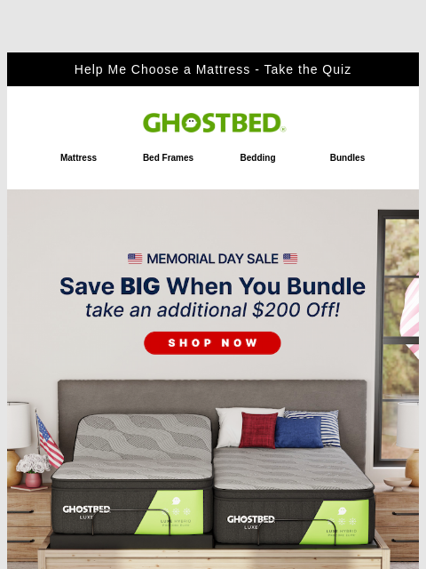 ghostbed newsletter: 🇺🇸 Memorial Day Sale: Up to 50% Off + Extra $200...