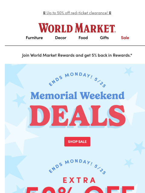 emailworldmarket newsletter: STARTS NOW: Memorial Day Sale ❤️🤍💙