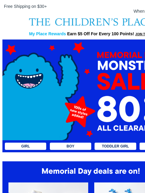 childrensplace newsletter: 🔴⚪🔵 80% Off Monster Clearance SALE 🔴⚪🔵