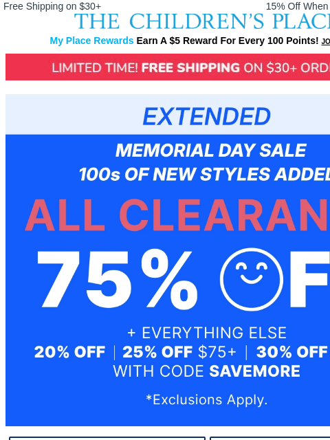 childrensplace newsletter: 🔊EXTENDED TODAY ONLY! 75% OFF ALL CLEARANCE!