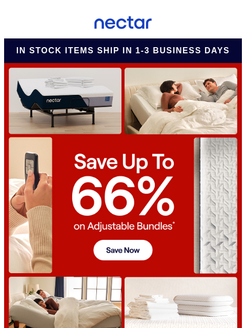Discover America's most awarded mattress brand. What's not to love about our best-selling bundle? Includes: bed, adjustable base, pillow(s), sheet set & more.* Nectar Logo In Stock Items