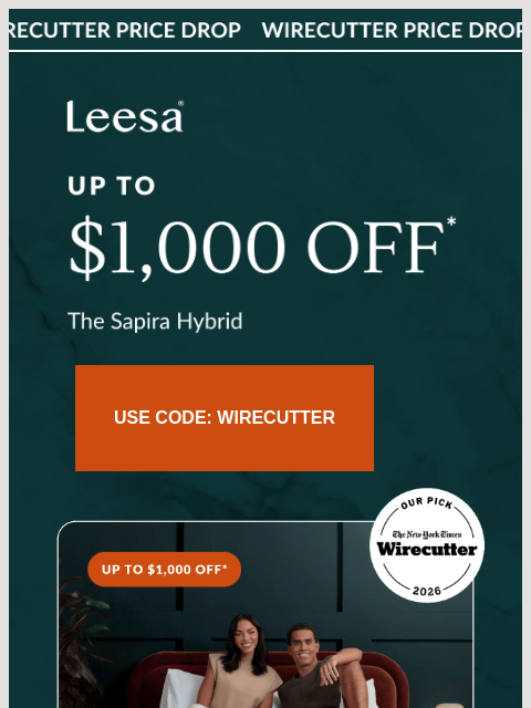 leesasleep newsletter: Up to $1,000 off the Sapira with code WIRECUTTER