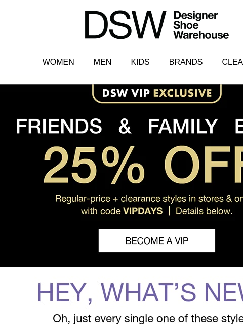 dsw newsletter: Become a VIP, get 25% off 👀