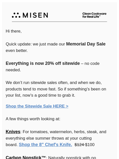 misen newsletter: 20% Off SITEWIDE - Surprise!