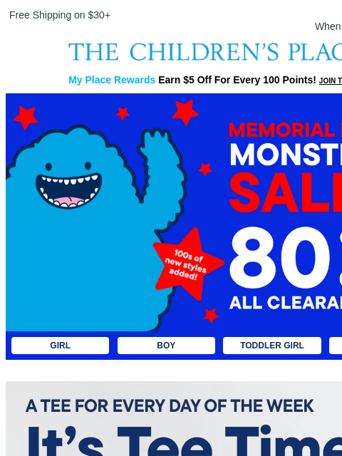 childrensplace newsletter: STARTS NOW! Buy 10+ Graphic Tees for $3 Each!