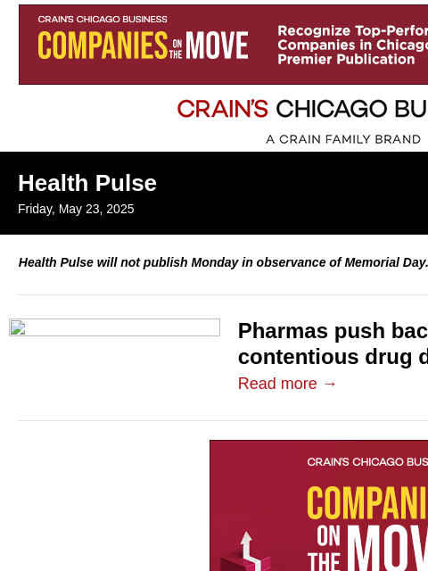 crainalerts newsletter: Pharmas push back on 340B bill
