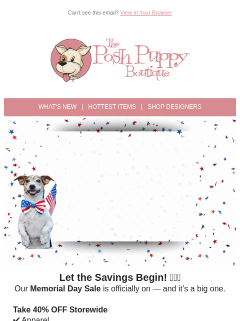 poshpuppyboutique newsletter: 🇺🇸 Memorial Day Sale Starts NOW — 40% Off Storew...