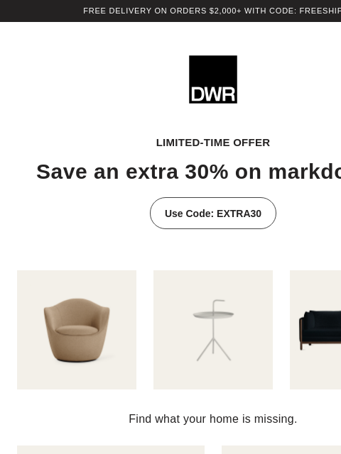 dwr newsletter: Extra 30% off markdowns