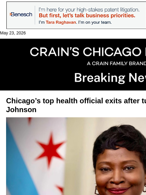crainalerts newsletter: Chicago’s top health official exits -- but why?