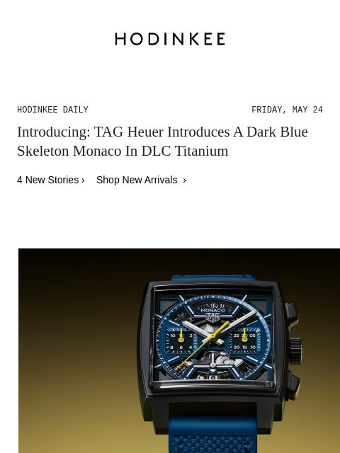 Today on Hodinkee... Introducing: TAG Heuer Introduces A Dark Blue Skeleton Monaco In DLC Titanium | Hodinkee Daily – Friday, May 24 | Introducing: TAG Heuer Introduces A Dark Blue Skeleton Monaco In