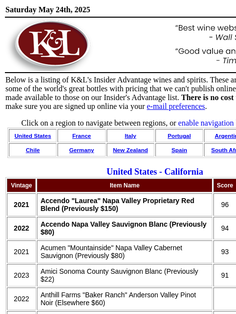 Exclusive discounts and special pricing... Saturday May 24th, 2025 View in Browser KL-emailheader.gif Below is a listing of K&L's Insider Advantage wines and spirits. These are opportunities on