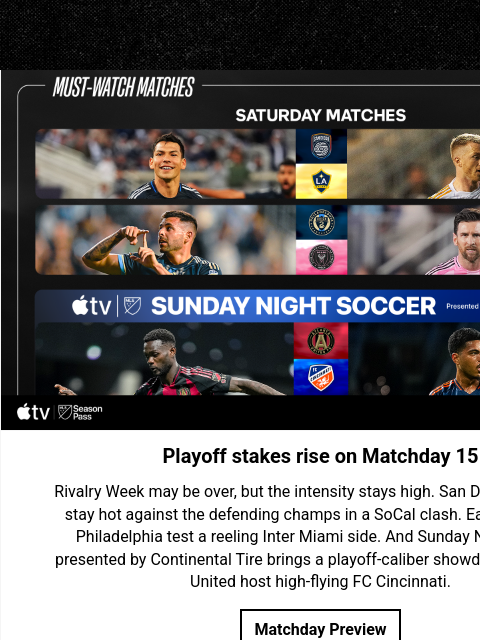 Rivalry Week may be over, but the playoff push is just getting started. Must watch matches, Matchday 15 Playoff stakes rise on Matchday 15 Rivalry Week may be over, but the intensity stays high. San