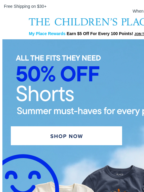 childrensplace newsletter: 50% OFF Shorts for Summer Plans 🌞