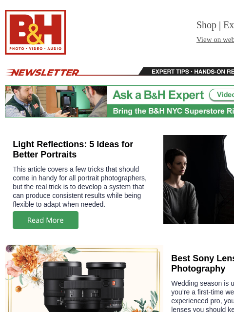 bhphotovideo newsletter: Shaping Light for Better Portraits, Sony Lens Guid...
