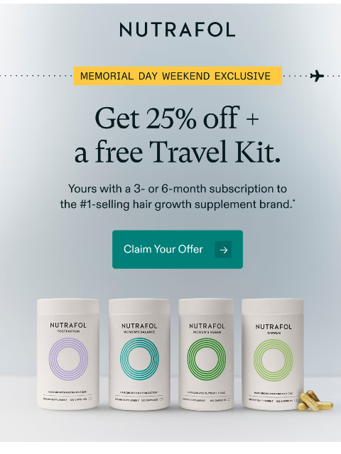 nutrafol newsletter: 25% off + FREE travel gifts.