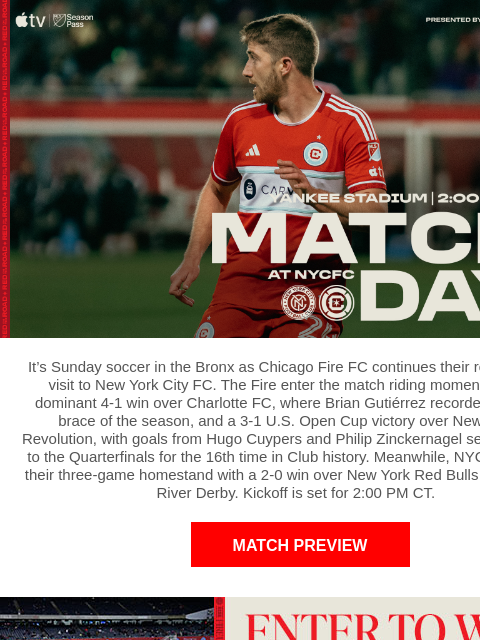 Fresh off league and US Open Cup wins, the Fire head to Yankee Stadium to take on NYCFC. CHI vs New York City It's Sunday soccer in the Bronx as Chicago Fire FC continues their road trip with a