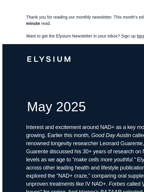 Plus, Dr. Guarente on Good Day Austin, NAD+ has gone mainstream, and more. Thank you for reading our monthly newsletter. This month's edition is 1031 words, about a 4-minute read. Want to get the