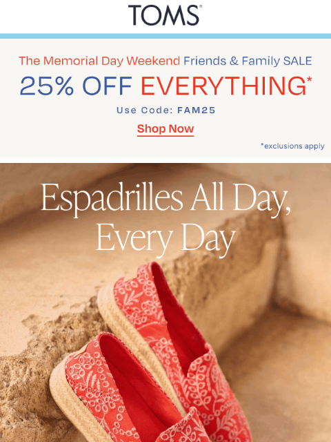 toms newsletter: Take 25% Off Espadrilles For the Family