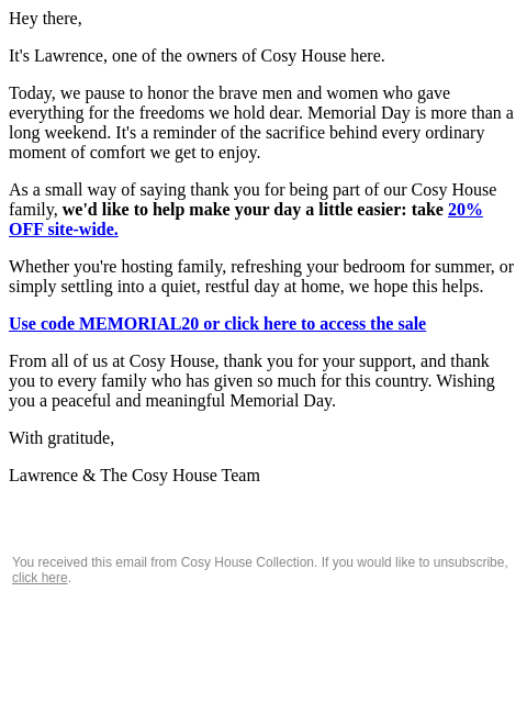 cosyhousecollection newsletter: RE: Thank you for your service