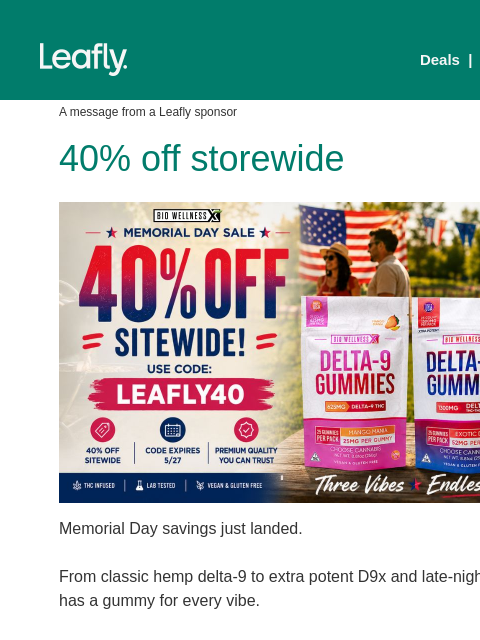 leafly newsletter: 40% off storewide at BiowellnessX 🌿