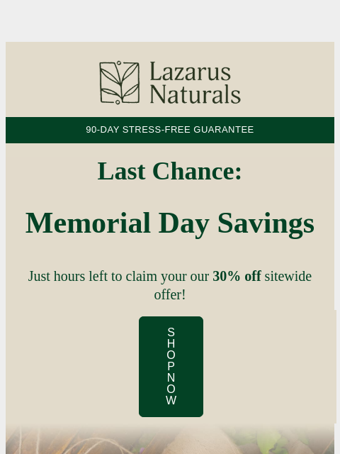 lazarusnaturals newsletter: 🏖️ Memorial Day savings ending in 3..2..1..