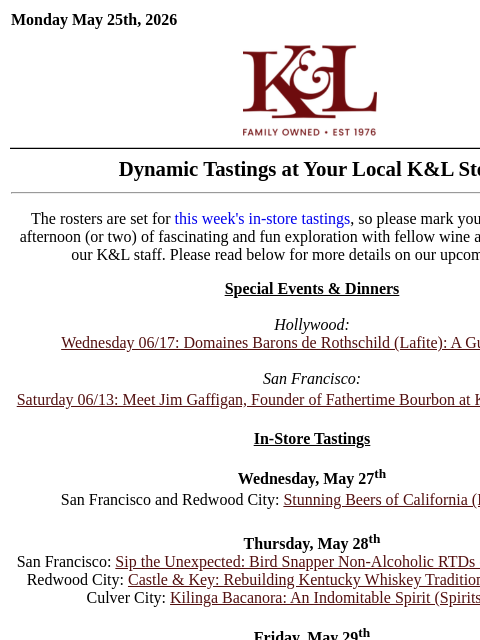 klwines newsletter: K&L Head-to-Head Tasting, Italy in Six Glasses, St...