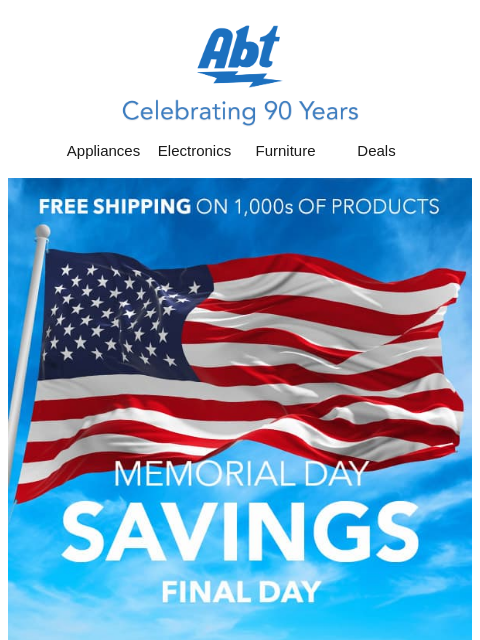 abt newsletter: Final Day for Memorial Day Savings