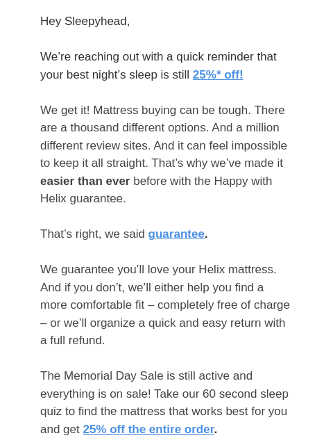 helixsleep newsletter: 25% off EXPIRES SOON!
