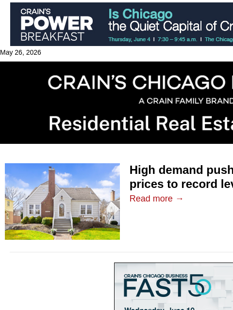 crainalerts newsletter: Demand pushes Chicago home prices to record levels