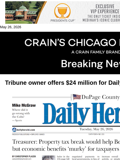 crainalerts newsletter: Tribune owner offers $24M to buy the Daily Herald