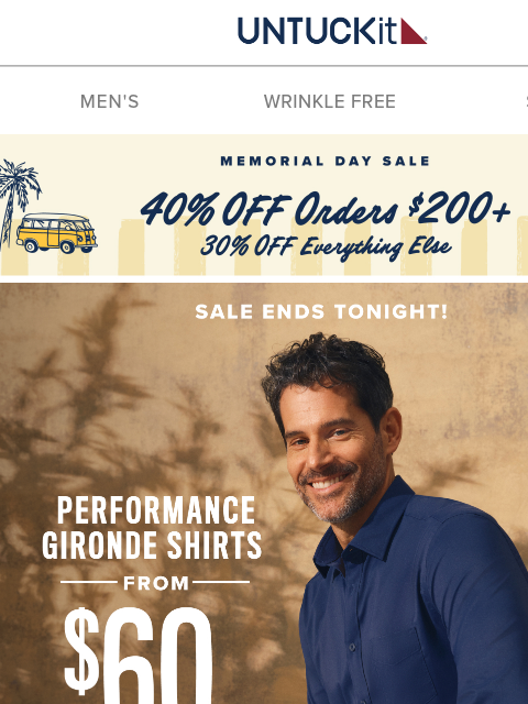untuckit newsletter: Ends Tonight!! Performance Shirts, From $60