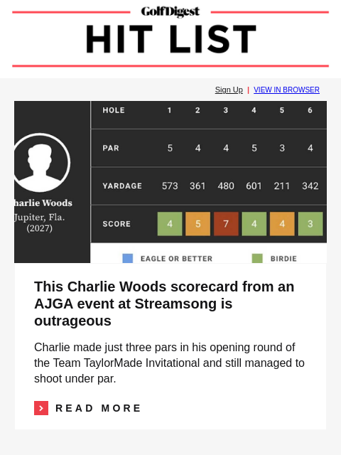 Why it's taking so long to get into golf clubs these days GolfDigest Sign Up | VIEW IN BROWSER Charlie Woods This Charlie Woods scorecard from an AJGA event at Streamsong is outrageous Charlie made