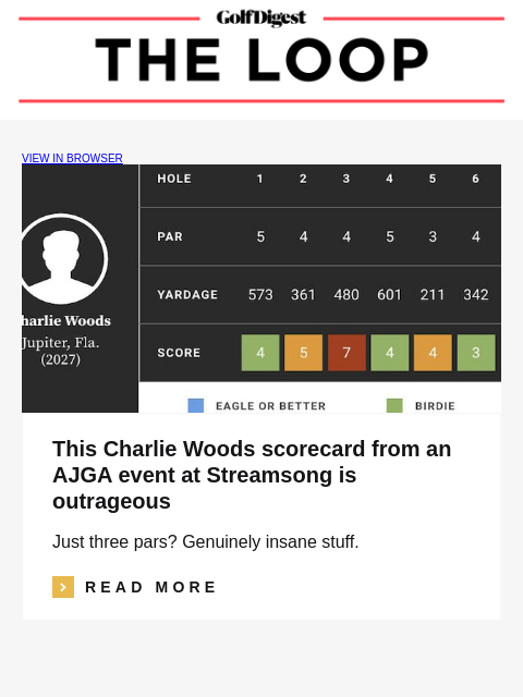 GolfDigest VIEW IN BROWSER This Charlie Woods scorecard from an AJGA event at Streamsong is outrageous Just three pars? Genuinely insane stuff. Read More READ MORE Ben Griffin Ben Griffin puts on