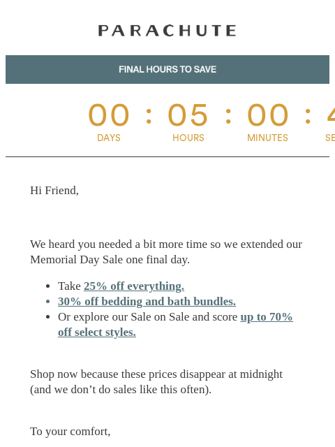 parachutehome newsletter: Final 5 Hours: up to 30% off