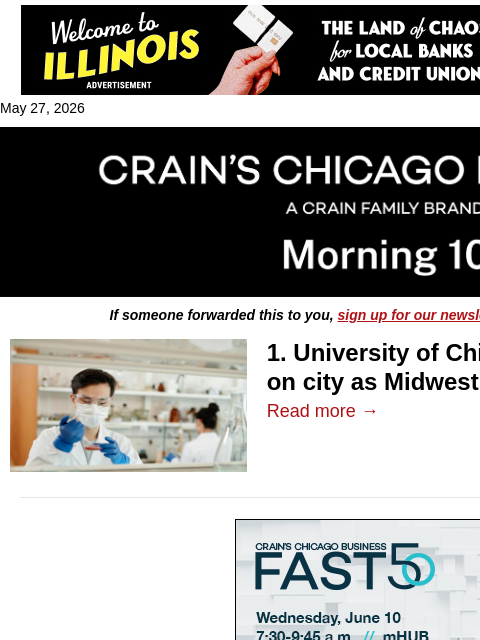 crainalerts newsletter: UChicago spinout plans South Side expansion