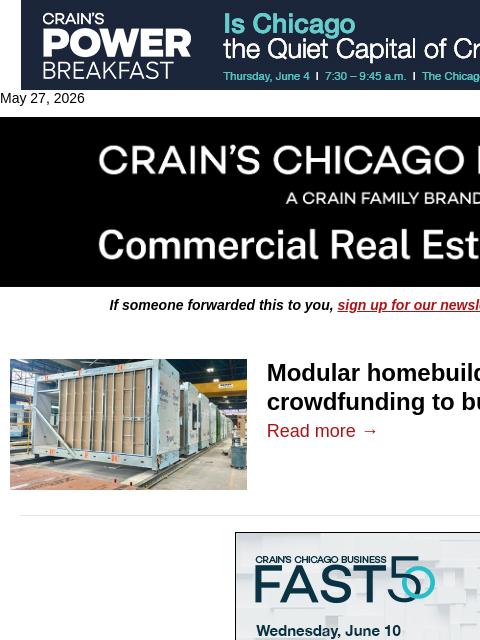crainalerts newsletter: Homebuilder crowdfunds affordable housing