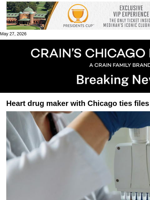 crainalerts newsletter: Heart drug maker with Chicago ties files for IPO