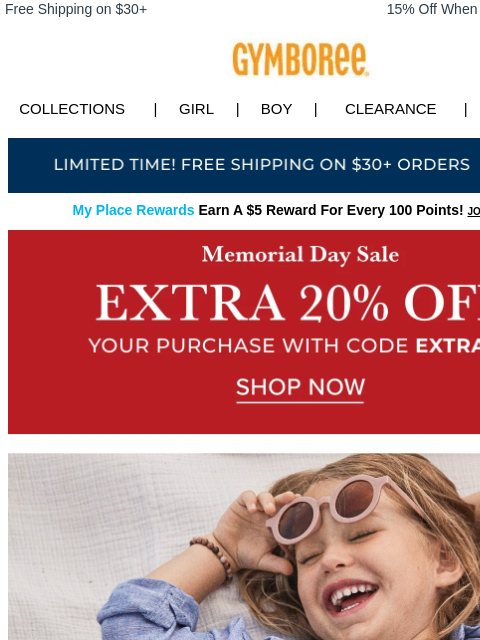 Plus, 20% OFF your order is still on! Free Shipping on $30+ 15% Off When You Ship to Store* Collections | Girl | Boy | CLEARANCE | GIFT CARDS Free Shipping My Place Rewards Earn A $5 Reward For Every