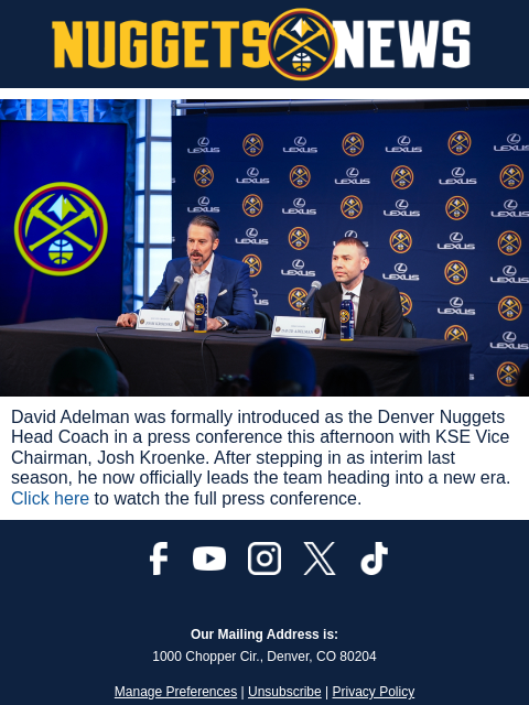 After serving as interim, Adelman officially takes the reins — watch the full press conference now. David Adelman was formally introduced as the Denver Nuggets Head Coach in a press conference this