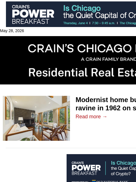 crainalerts newsletter: Modernist Highland Park home hits the market