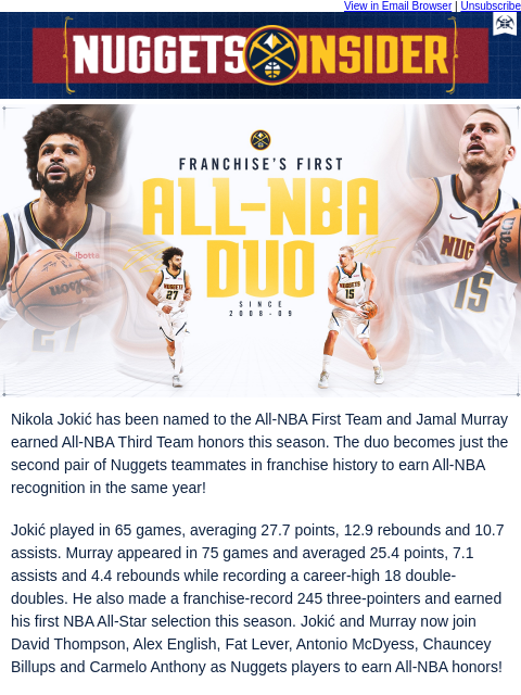 thedenvernuggets newsletter: Nuggets Duo Jokić & Murray Earn All-NBA Honors