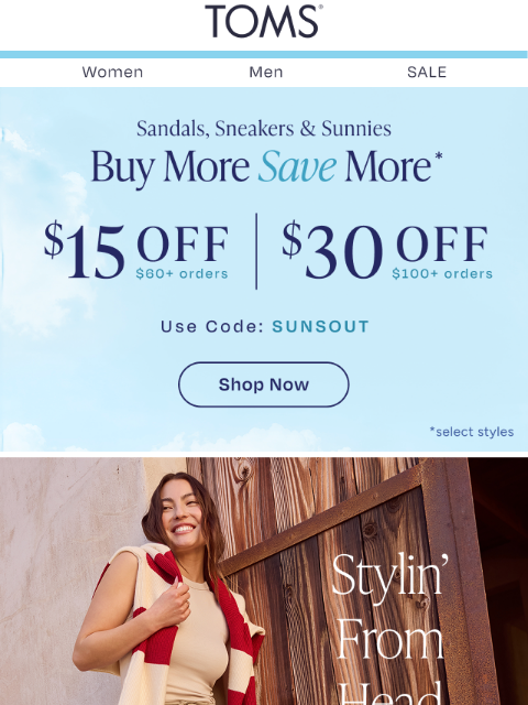 toms newsletter: Head to Toe Savings—Up to $30 Off Sneakers & Sunni...