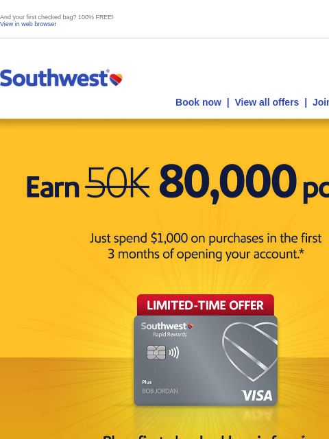 southwest newsletter: You're cordially invited to earn 80,000 points!